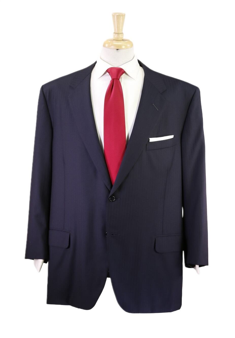 Oxxford Navy Blue Herringbone Super 110's Wool 2-Btn Handmade Suit 48R